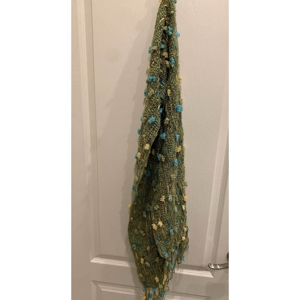 Boho Style Scarf Loose Knit Soft & Cozy Wrap‎ Green With Pom Poms